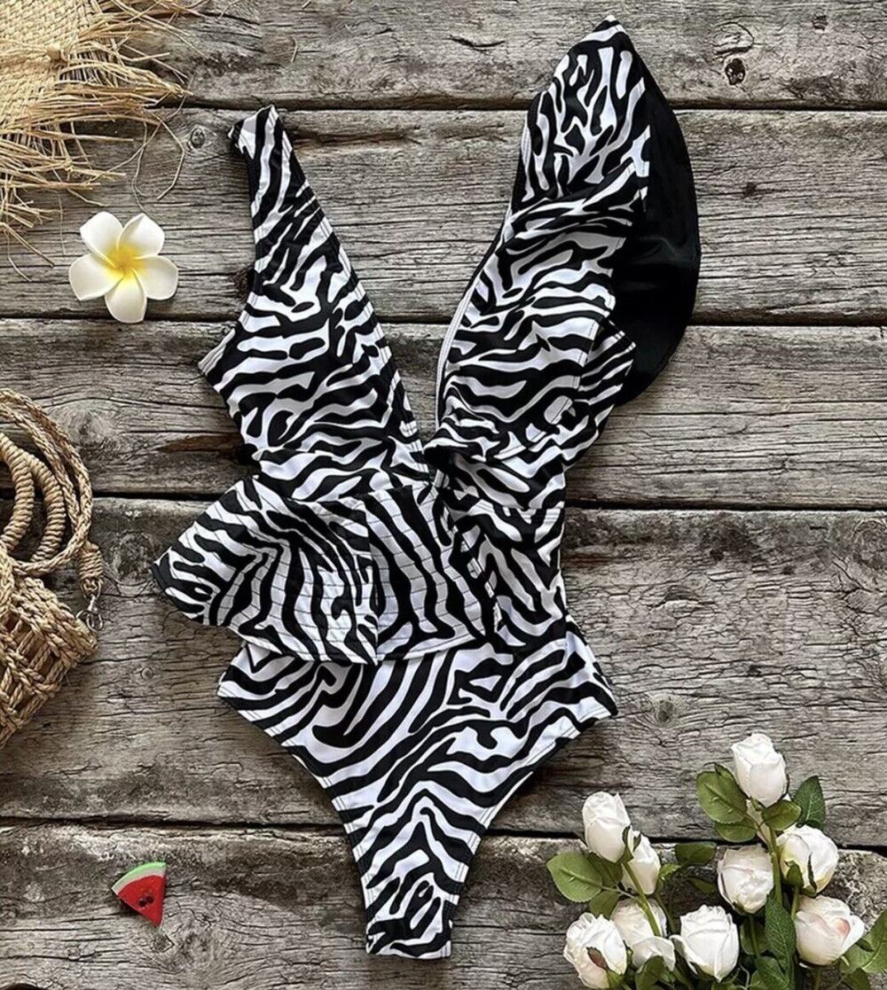 Women One Piece Swimsuit Sexy Zebra V Neck Small Swimwear Ruffle Bathing Beach